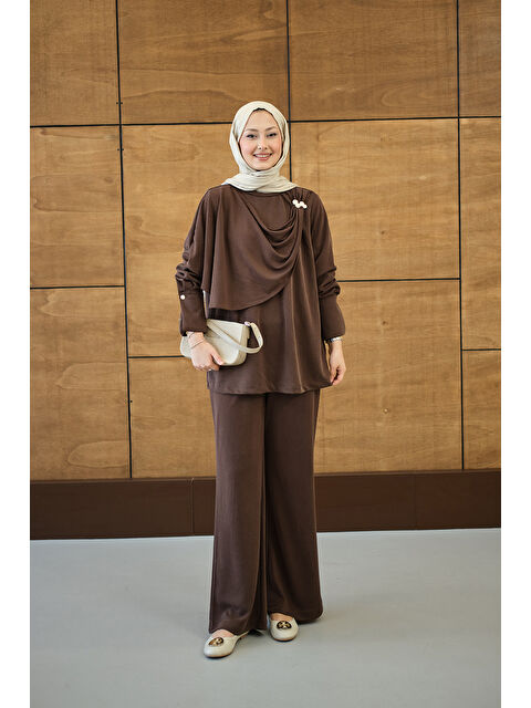 Locco Moda Kadın Yandan Düğme Detaylı Takım Kahverengi