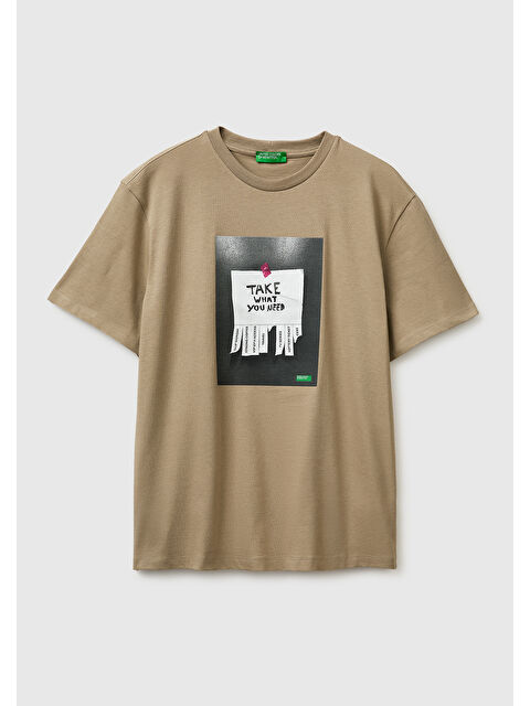 United Colors Of Benetton Erkek Haki  %100 Pamuk Regular Fit Grafik Baskılı T-Shirt