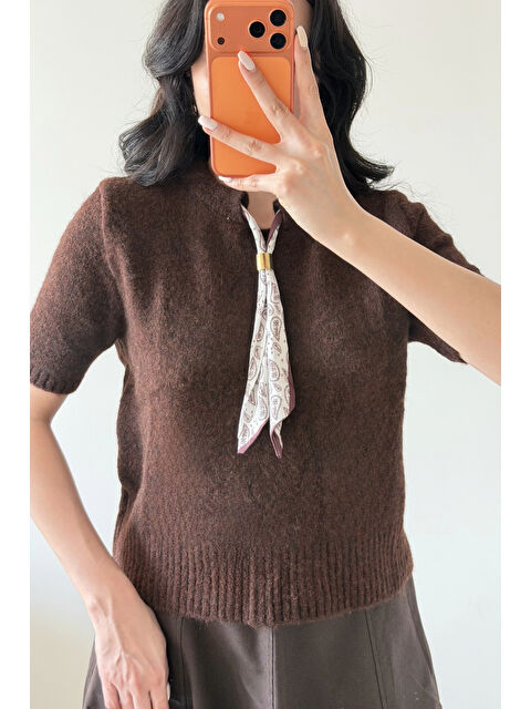 eka Kadın Kahve Fularlı Kısa Kol Kazak 1014-2536 - S000490867-19413