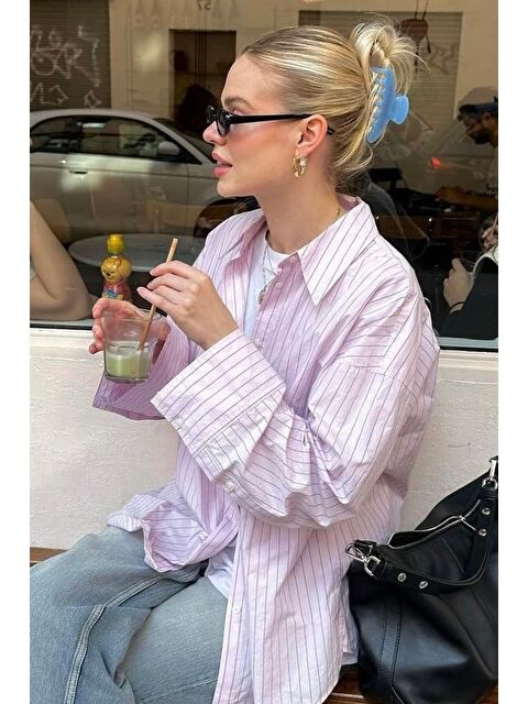 Madmext Pembe Çizgili Oversize Kadın Gömlek Mg2732