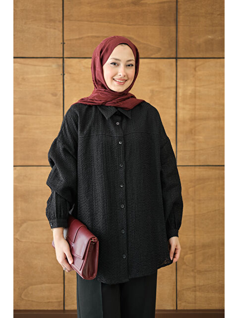 Locco Moda Kadın Kendinden Desenli Bel Bağlamalı Siyah