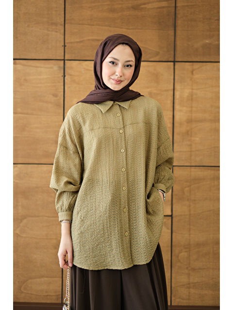 Locco Moda Kadın Kendinden Desenli Bel Bağlamalı Yağ Yeşil