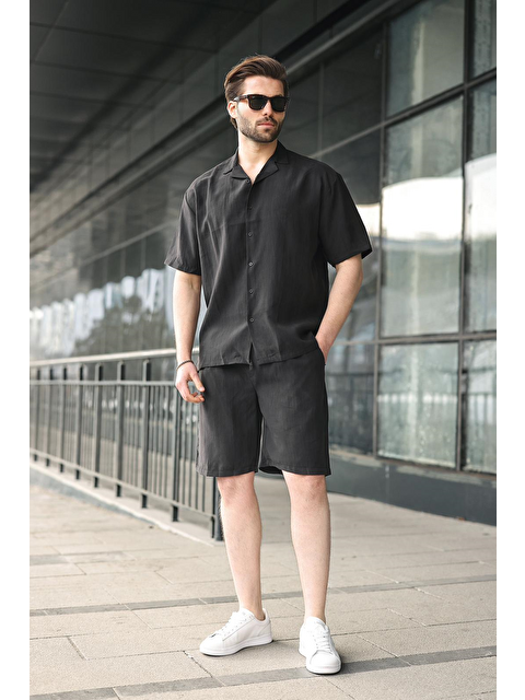 Madmext Siyah Kumaş Erkek Şort Gömlek Takım E7352
