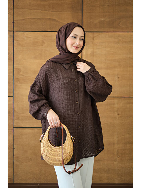 Locco Moda Kadın Kendinden Desenli Bel Bağlamalı Kahverengi