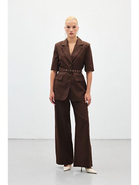 SATEEN Bol Paça Keten Pantolon - Kahve - S000433692-19413