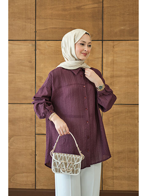 Locco Moda Kadın Kendinden Desenli Bel Bağlamalı Mürdüm