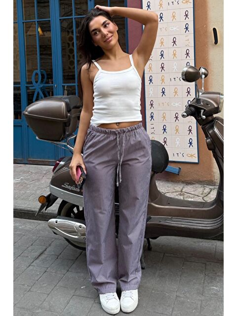 Madmext Kahverengi Beli Ayarlanabilir Bol Paça Dökümlü Çizgili Pantolon Mg2087