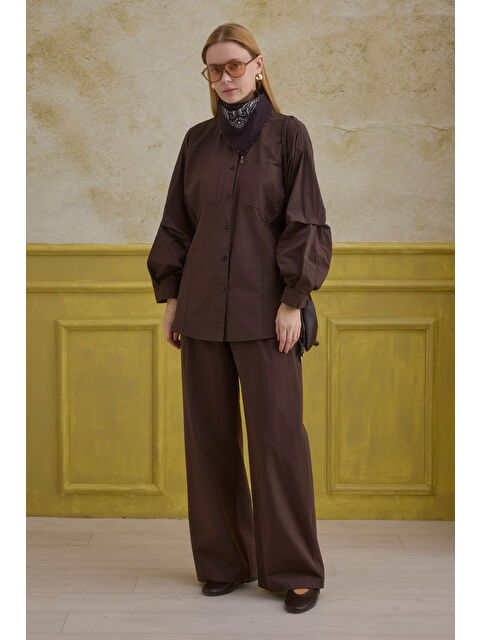 HE-QA %100 Pamuk Kol Detaylı Gömlek Kahve - S000530707-19413