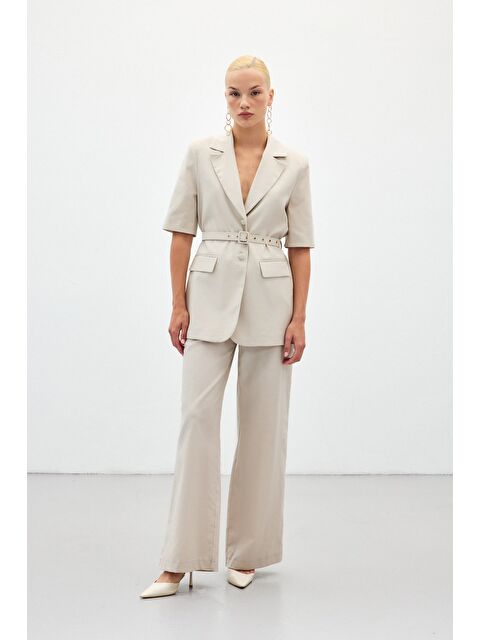 SATEEN Bol Paça Keten Pantolon - Taş - S000433692-25636