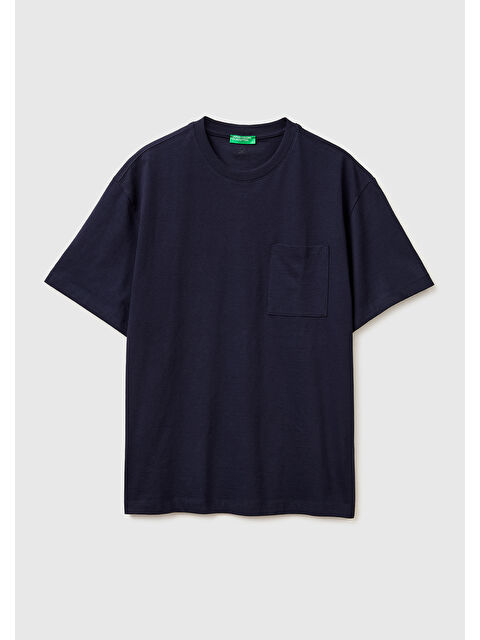 United Colors Of Benetton Erkek Lacivert  %100 Pamuk Cepli Arkası Logo Nakışlı Bisiklet Yaka T-Shirt
