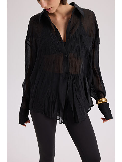 Mai Collection Darya Kırışık Detay Siyah Gömlek - S000531468-19351