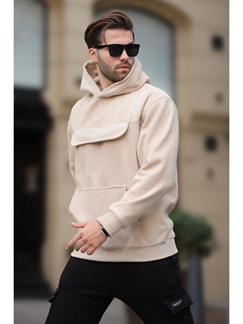Madmext Bej Kapüşonlu Kapaklı Cep Detaylı Polar  Erkek Hoodie 7097 - S000275952-19928