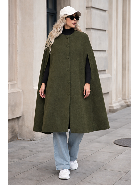 Comstar Kadın Düğmeli Premium Comfort Haki Kaşe Panço