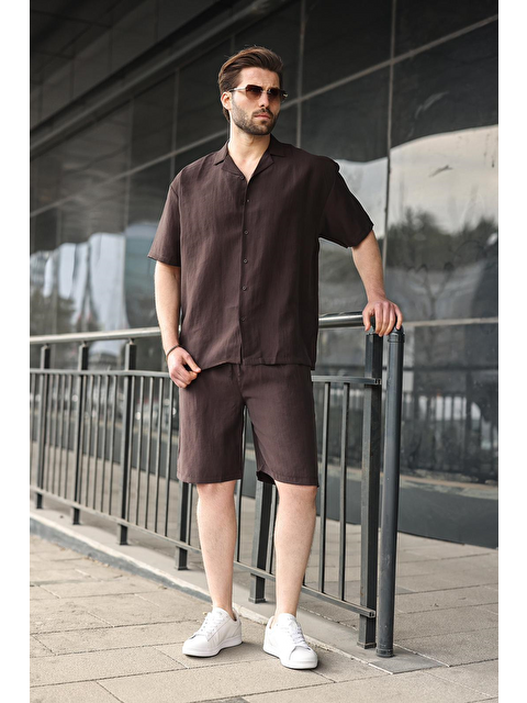 Madmext Kahverengi Kumaş Erkek Şort Gömlek Takım E7352