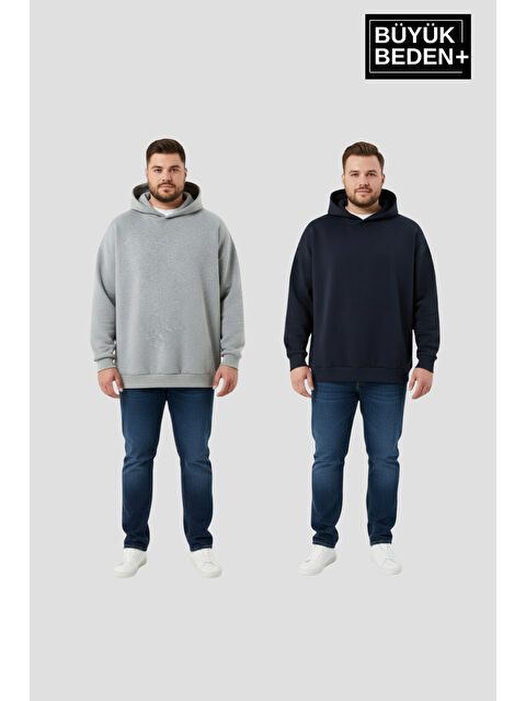 Süperlife Erkek Büyük Beden 2' li Set Kapüşonlu Kollar Ve Etek Ribanalı ince Swatshırt SPR26BSW957+2 - S000497556-37346