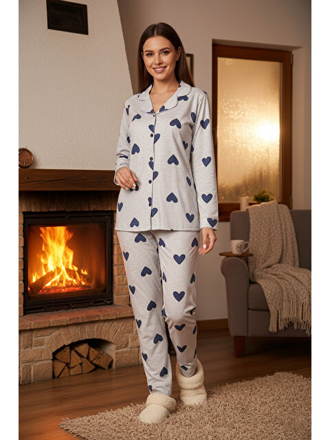Remsa Kadın Kalp Desen Suprem Pijama Takımı 0514 Mavi05 - S000469086-37599