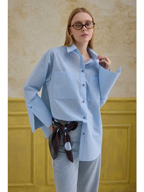 HE-QA Geniş Manşetli Çizgili Gömlek Mavi - S000530767-17234