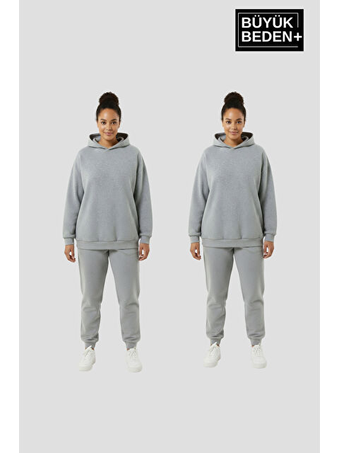 Süperlife Kadın Büyük Beden 2' li Set Kapüşonlu Kollar Ve Etek Ribanalı ince Swatshırt SPR26BSWK957+2