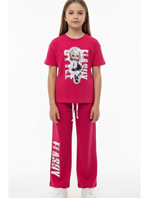 Toontoykids Kız Çocuk 2'li  Eşofman Takım Bisiklet Yaka Kısa Kollu Baskılı Tişört - Beli Lastikli Bağlamalı Cepl