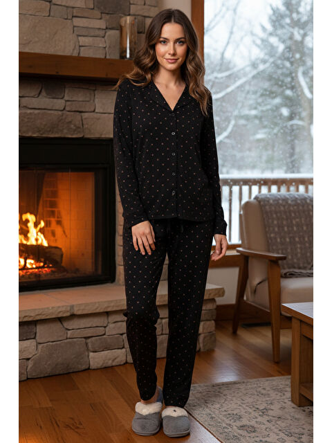 Remsa Kadın Önü Düğmeli Suprem Pijama Takımı 0522 Siyah01 - S000469086-2557