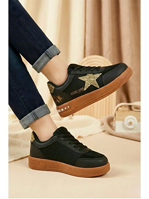 Oksit Goldens Işıltılı Yıldız Detaylı Kız Çocuk Sneaker Konforlu Spor Ayakkabı