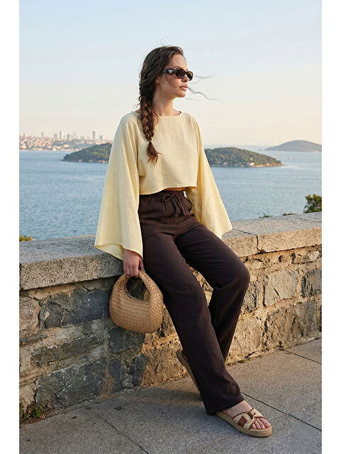 Lela Pamuklu Bağlamalı Relaxed Fit Yüksek Bel Geniş Paça Kadın Müslim Pantolon 5866663 - S000527057-19413