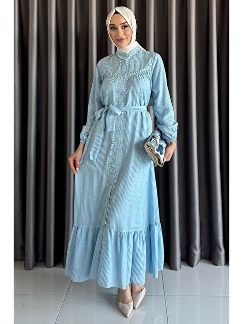 Julude Boydan Düğmeli Fırfırlı Bel Kuşak Detaylı Tesettür Elbise - S000399733-17234