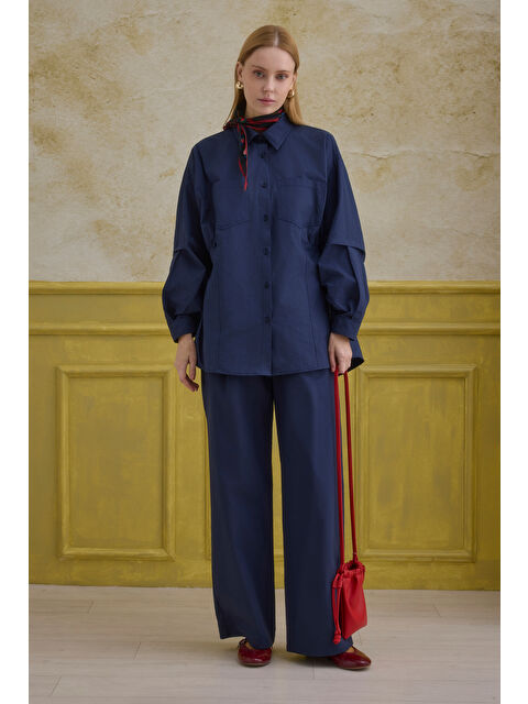 HE-QA %100 Pamuk Kol Detaylı Gömlek Lacivert - S000530707-21164