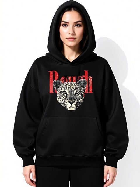 Trendseninle Kadın Siyah Ranch Baskılı Kapüşonlu Sweatshirt - S000489396-1720