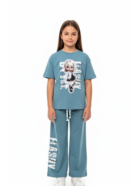 Toontoykids Kız Çocuk 2'li  Eşofman Takım Bisiklet Yaka Kısa Kollu Baskılı Tişört - Beli Lastikli Bağlamalı Cepl