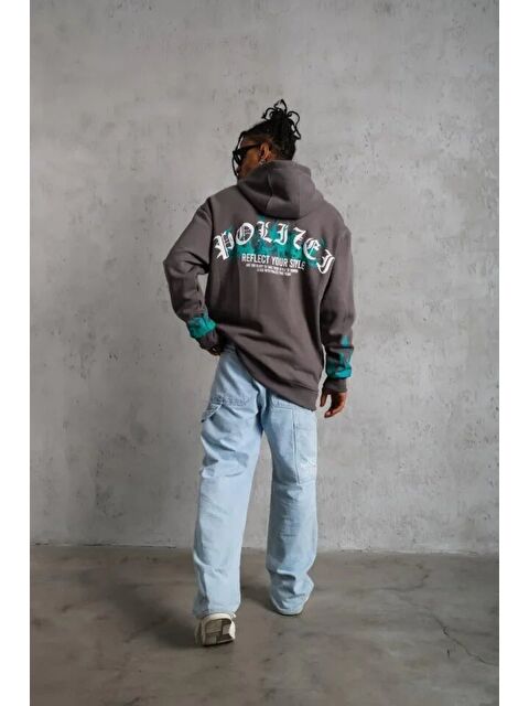 Jane's Erkek Üç İplik İçi Pamuklu Alev Baskılı Kapüşonlu Sweatshirt - Gri