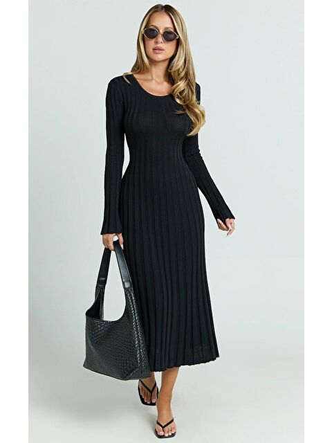 Madmext Siyah Vücuda Oturan Fitilli Triko Midi Kadın Elbise Mg2691