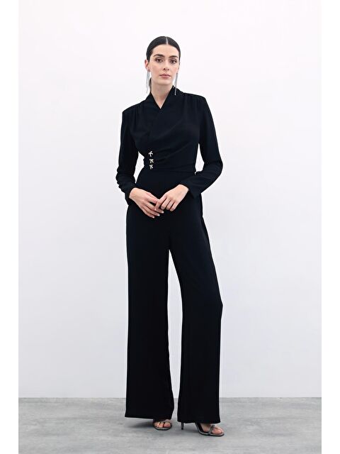 SATEEN Fiyonk Aksesuarlı Krep Tulum - Siyah - S000363449-19351