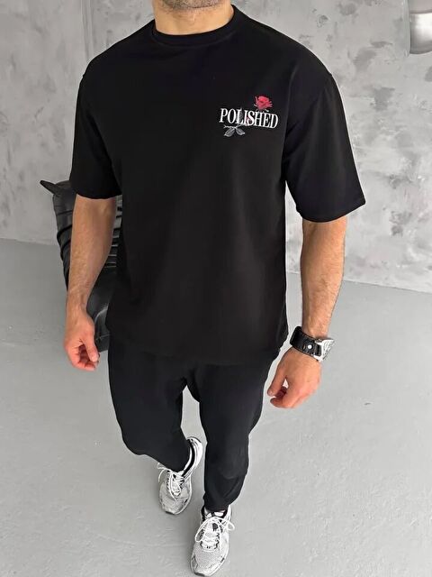 Jane's Unisex Bisiklet Yaka Baskılı Oversize T-Shirt - Siyah