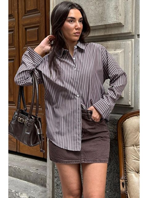 Madmext Kahverengi Çizgili Kadın Gömlek Mg2410