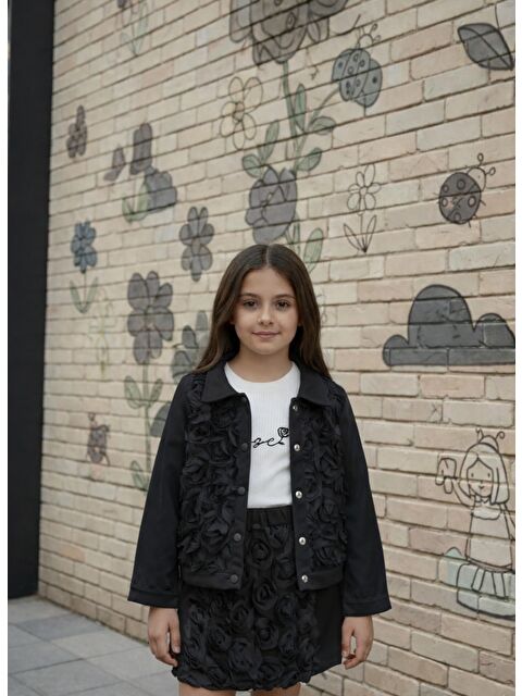 Pina Kids Kız Çocuk Gül Detaylı Ceketli Penyeli Şortlu Üçlü Takım - S000513321-19351