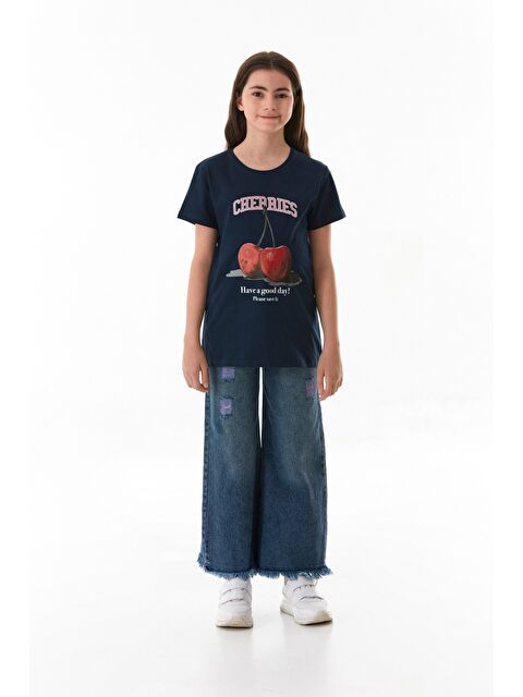 Fullamoda %100 Pamuk Kiraz Baskılı Bisiklet Yaka Kız Çocuk Tişört - S000422026-21164