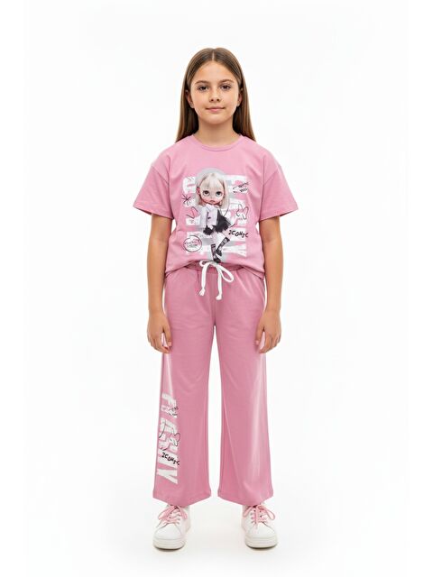 Toontoykids Kız Çocuk 2'li  Eşofman Takım Bisiklet Yaka Kısa Kollu Baskılı Tişört - Beli Lastikli Bağlamalı Cepl