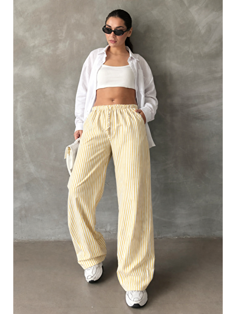 Madmext Sarı Beli Ayarlanabilir Çizgili Cepli Bol Paça Kadın Pantolon Mg2312