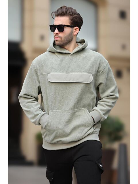 Madmext Çağla Yeşili Kapüşonlu Kapaklı Cep Detaylı Polar  Erkek Hoodie 7097 - S000275952-14939