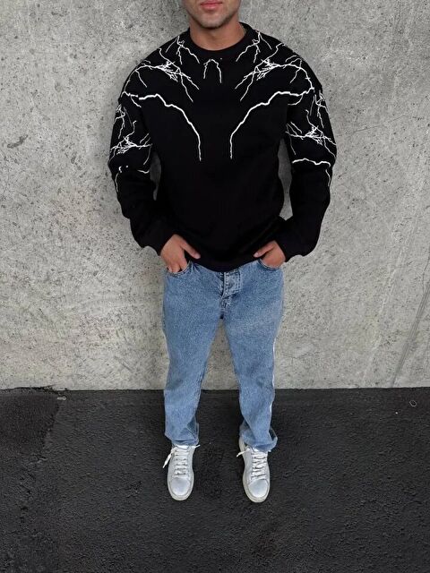 Jane's Yıldırım Baskılı Bisiklet Yaka SweatShirt - Siyah