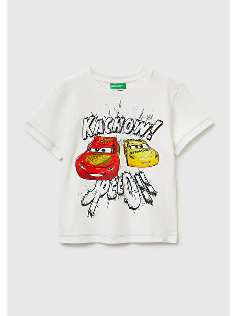 United Colors Of Benetton Erkek Çocuk Beyaz Çok Renkli Baskılı Etek Ucu Logolu Bisiklat Yaka T-Shirt