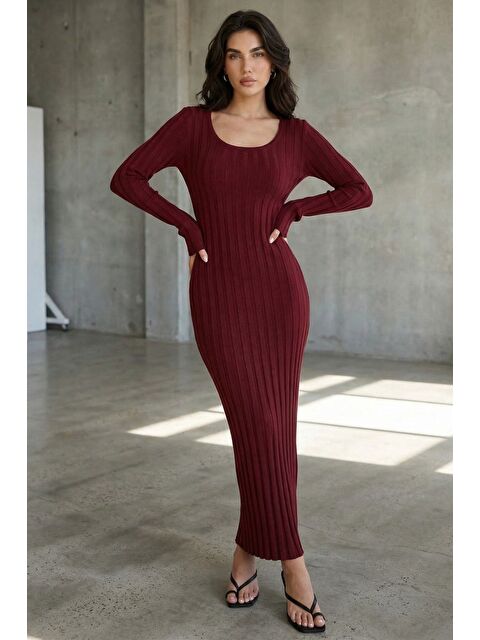Madmext Bordo Vücuda Oturan Fitilli Triko Midi Kadın Elbise Mg2691