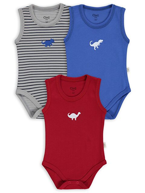 Civil Baby Dinozor Baskılı 3 Lü 0-36 Ay Çıtçıtlı Badi - Kırmızı