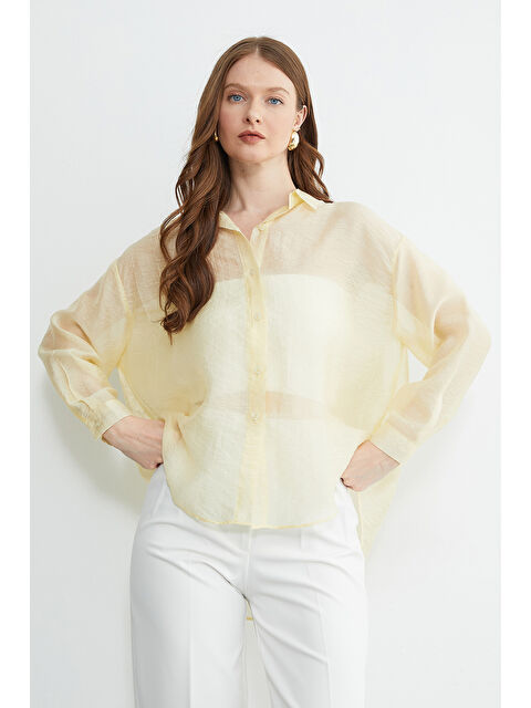 Fullamoda Jakarlı Düğmeli Transparan Gömlek