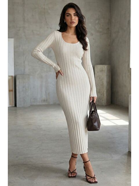 Madmext Taş Rengi  Vücuda Oturan Fitilli Triko Midi Kadın Elbise Mg2691