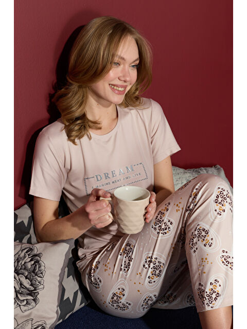 Fullamoda Çizgili Kalpli Bisiklet Yaka Pijama Takımı