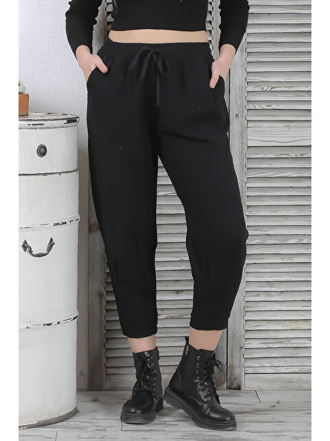 Chiccy Siyah Çift Cepli Lastikli Ve Bağlamalı Bel Kısa Paça Casual Pamuk Dokuma Pantolon - S000358957-19351