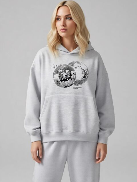 Trendseninle Unisex Double Ball Baskılı Kapüşonlu Sweatshirt Hoodie Gri - S000449465-20600