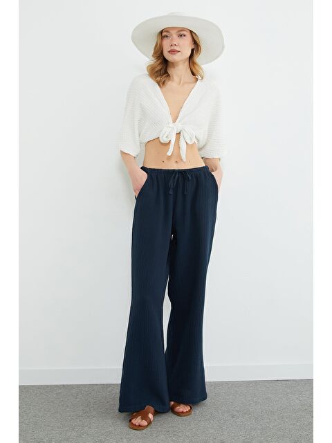 Fullamoda Beli Bağlamalı Müslin Kumaş Palazzo Pantolon